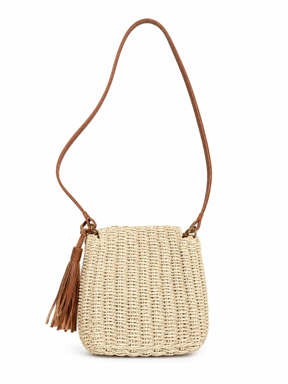 Beige Woven Crossbody with Tan Leather Strap and Tassel